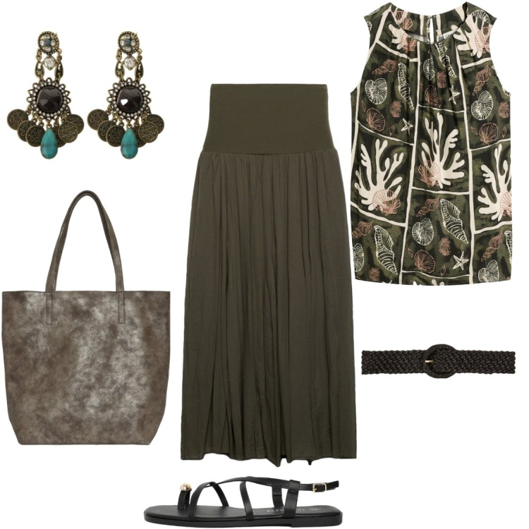 Outfit donna - Sandali flat. Stile Etnico per Tutti i giorni. Abbinamento con top, gonne lunghe, shopping bag, cinture, sandali, orecchini.