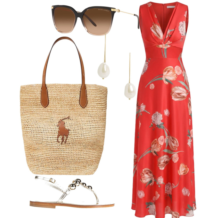 Outfit donna - Elegante ovunque. Stile Chic per Tutti i giorni. Abbinamento con infradito, vestiti lunghi, occhiali da sole, borse tote, orecchini.