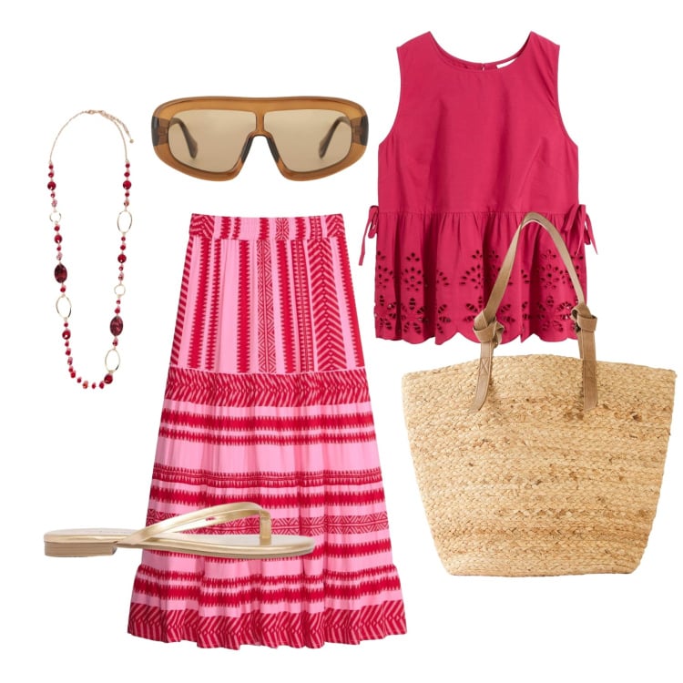 Outfit donna - Giugno. Stile Trendy per Tutti i giorni. Abbinamento con top, gonne lunghe, shopping bag, sandali, occhiali da sole, collane.