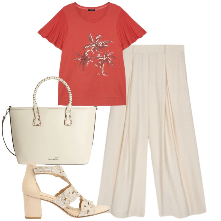 Outfit donna - Fiorella Rubino. Stile Urban per Tutti i giorni. Abbinamento con sandali col tacco, shopping bag, pantaloni a palazzo, t-shirt.