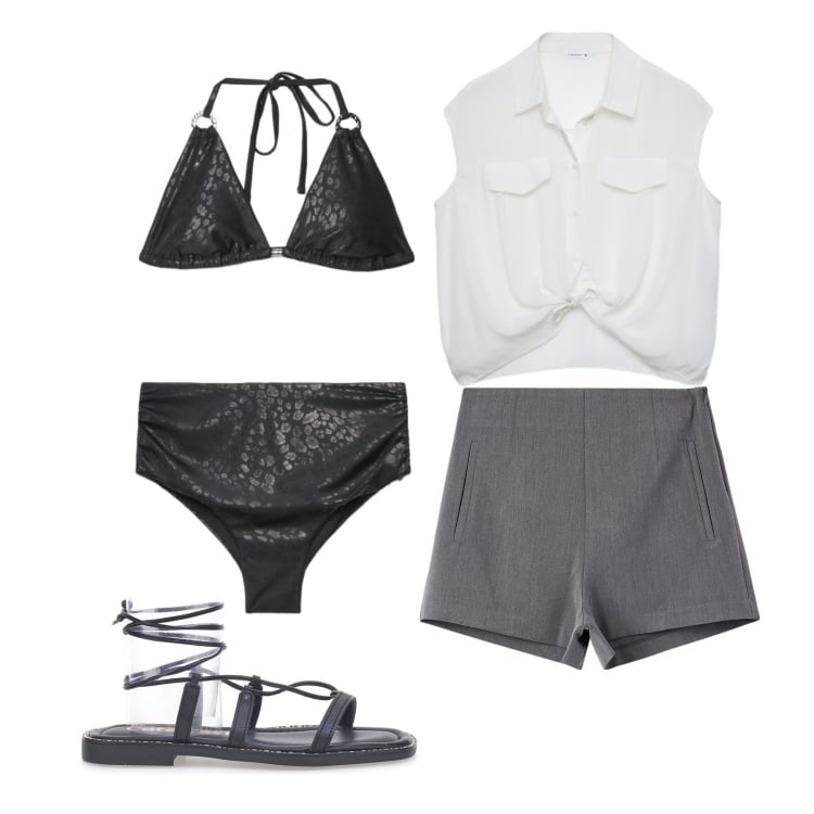 Outfit donna - Giugno. Stile Glamour per Mare. Abbinamento con bikini, shorts, camicie a manica corta, bikini, sandali alla schiava.