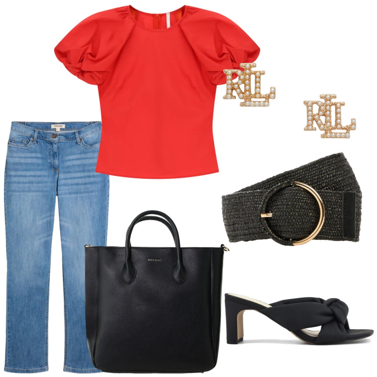 Outfit donna - Total look #2416605. Stile Trendy per Serata fuori. Abbinamento con jeans dritti, cinture, borse a tracolla, bluse, orecchini, sandali col tacco.