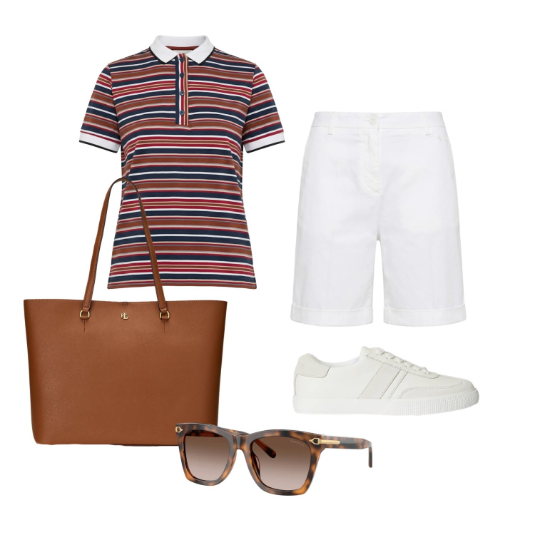 Outfit donna - Giugno. Stile Casual chic per Tutti i giorni. Abbinamento con polo, bermuda, borse tote, occhiali da sole, sneakers.