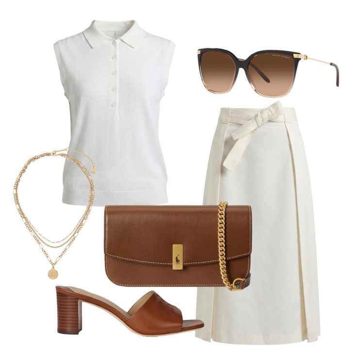 Outfit donna - Giugno. Stile Casual chic per Tutti i giorni. Abbinamento con polo, gonne longuette, occhiali da sole, ciondoli, clutch, sandali in pelle.