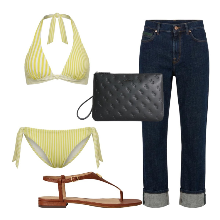 Outfit donna - Mix Denim. Stile Casual chic per Mare. Abbinamento con anelli, bikini, jeans dritti, sandali in pelle.