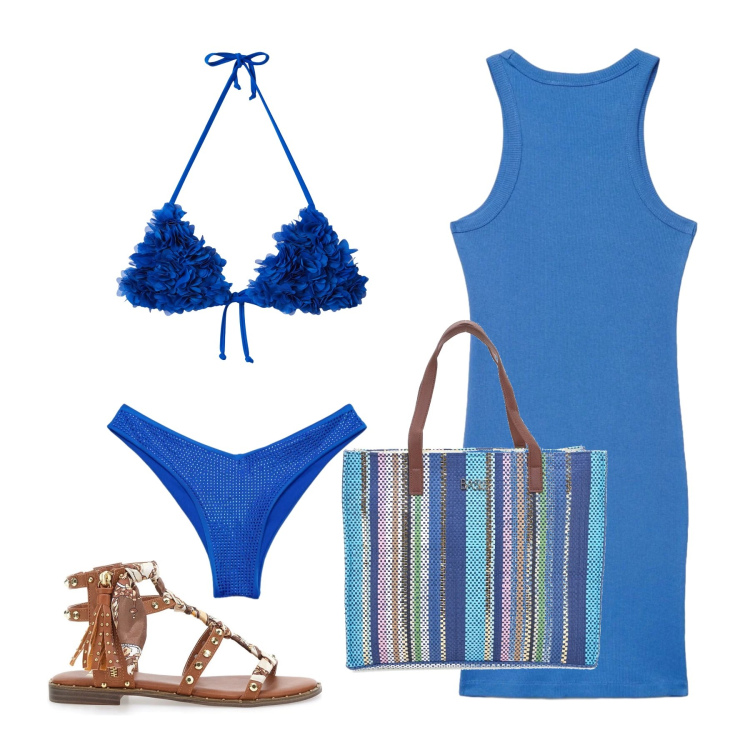 Outfit donna - Giugno. Stile Glamour per Mare. Abbinamento con bikini, vestiti senza maniche, bikini, shopping bag, sandali.