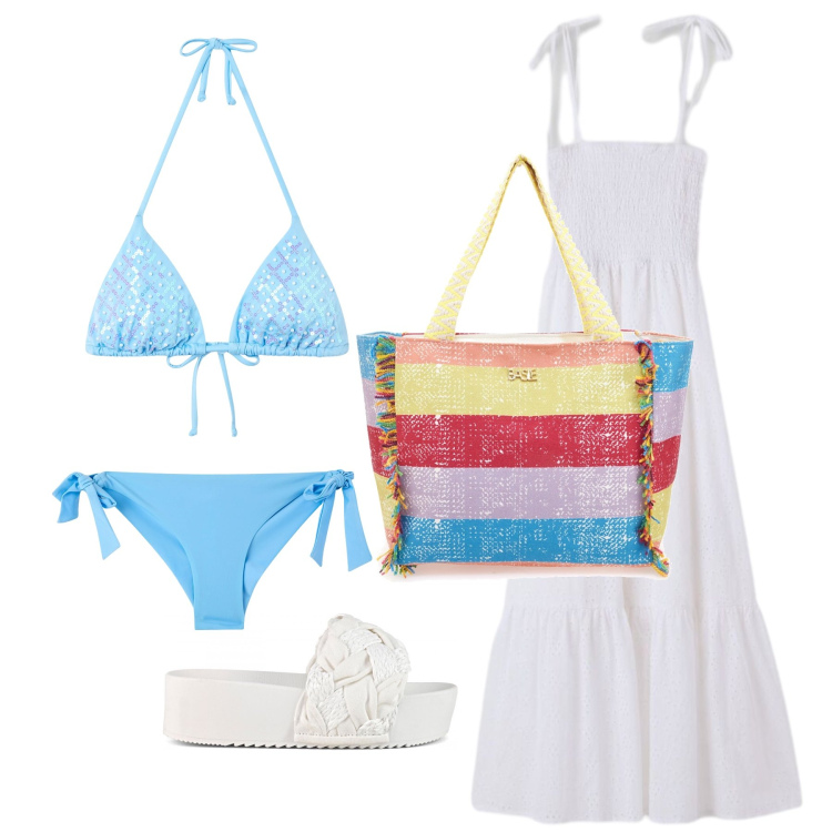 Outfit donna - Giugno. Stile Glamour per Mare. Abbinamento con bikini, bikini, vestiti lunghi, ciabatte, shopping bag.