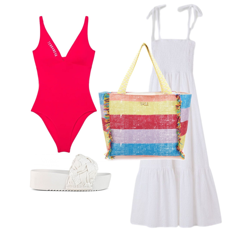 Outfit donna - Giugno. Stile Romantica per Mare. Abbinamento con vestiti lunghi, costumi interi, ciabatte, shopping bag.