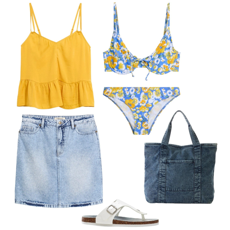 Outfit donna - In spiaggia. Stile Preppy per Mare. Abbinamento con bikini, infradito, minigonne, shopping bag, bikini, top.