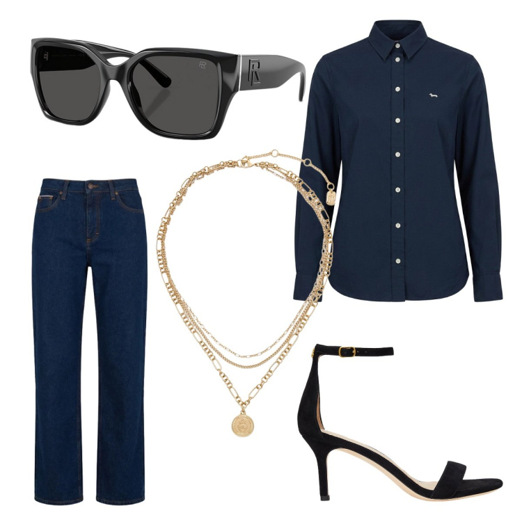 Outfit donna - Casual chic mediterraneo. Stile Casual chic per Tutti i giorni. Abbinamento con jeans, camicie, ciondoli, occhiali da sole, sandali in pelle.