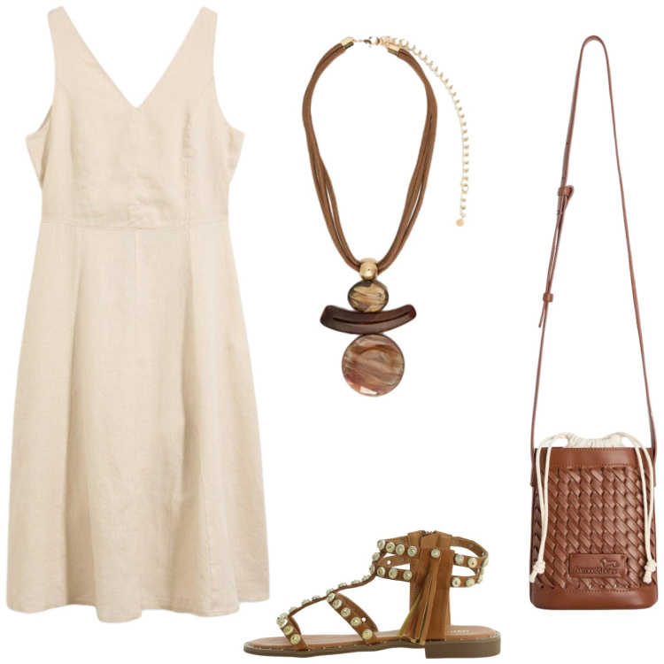 Outfit donna - Abito chiaro in lino. Stile Etnico per Tutti i giorni. Abbinamento con vestiti midi/longuette, sandali, borse a secchiello, ciondoli.