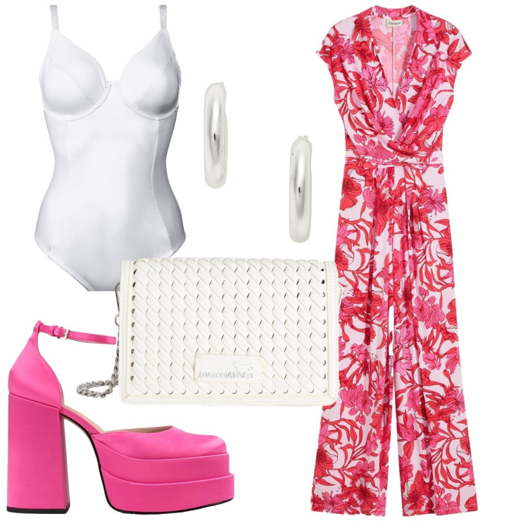 Outfit donna - Diciottesimo con la tuta. Stile Chic per Serata fuori. Abbinamento con décolleté, body, tute, borse a tracolla, orecchini.