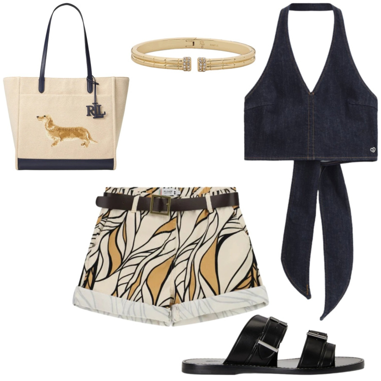 Outfit donna - Estate. Stile Casual per Tutti i giorni. Abbinamento con top, shorts, borse tote, sandali in pelle, braccialetti.