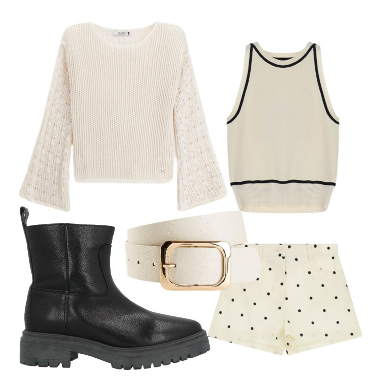 Outfit donna - Maglione traforato. Stile Minimal per Tutti i giorni. Abbinamento con stivaletti, cinture, top, shorts, maglieria.