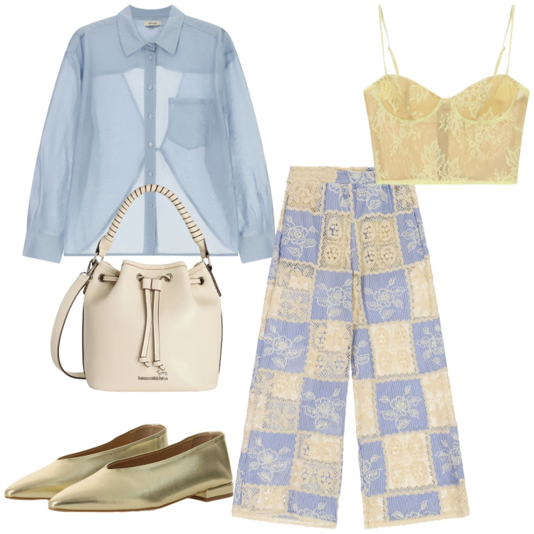 Outfit donna - Look leggero. Stile Casual per Tutti i giorni. Abbinamento con canottiere, borse a secchiello, ballerine, camicie, pantaloni a palazzo.