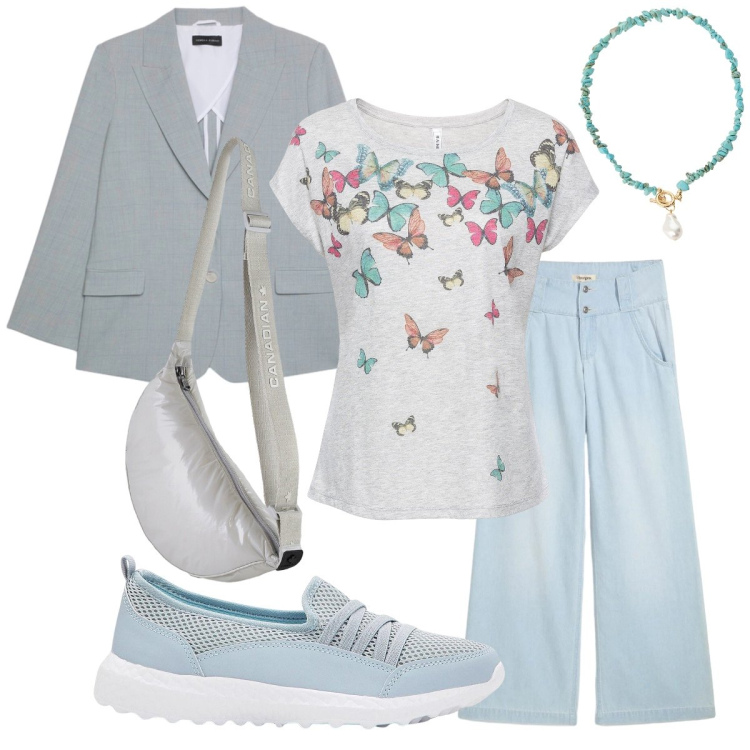 Outfit donna - La t-shirt con le farfalle. Stile Casual chic per Ufficio. Abbinamento con jeans, maglieria, sneakers, collane, blazer, borse a tracolla.