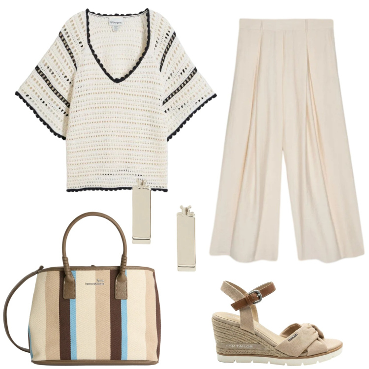 Outfit donna - Total look #2416631. Stile Chic per Ufficio. Abbinamento con sandali col tacco, maglieria, shopping bag, pantaloni a palazzo, orecchini.