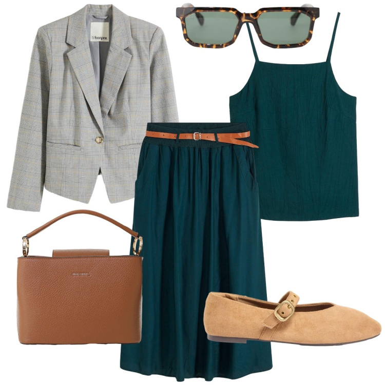 Outfit donna - In ufficio a giugno. Stile Bon Ton per Ufficio. Abbinamento con gonne lunghe, ballerine, top, blazer, occhiali da sole, borse a secchiello.