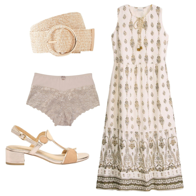 Outfit donna - Fantasia floreale. Stile Casual per Tutti i giorni. Abbinamento con vestiti lunghi, culotte, cinture, sandali col tacco.