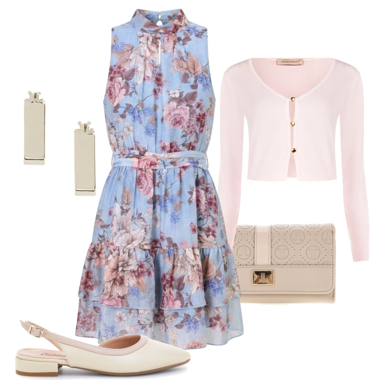 Outfit donna - Elegante tutto il giorno. Stile Bon Ton per Tutti i giorni. Abbinamento con vestiti corti, cardigans, orecchini, sandali, portafogli.
