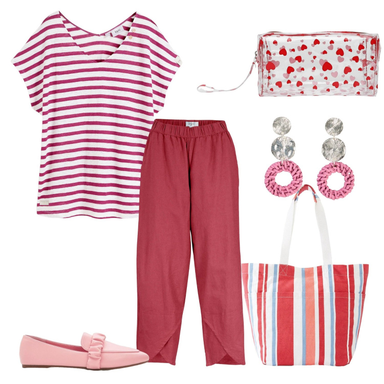 Outfit donna - Total look #2416635. Stile Casual chic per Tutti i giorni. Abbinamento con pantaloni, mocassini, maglieria, shopping bag, orecchini, valigie.