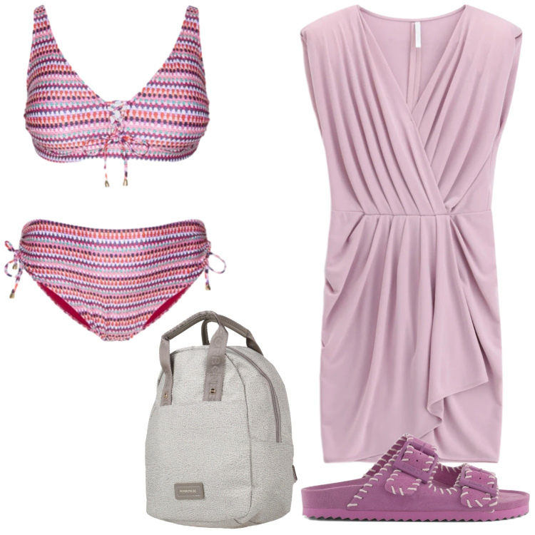 Outfit donna - Gita al mare. Stile Minimal per Mare. Abbinamento con zaini, vestiti asimmetrici, bikini, sandali in pelle.