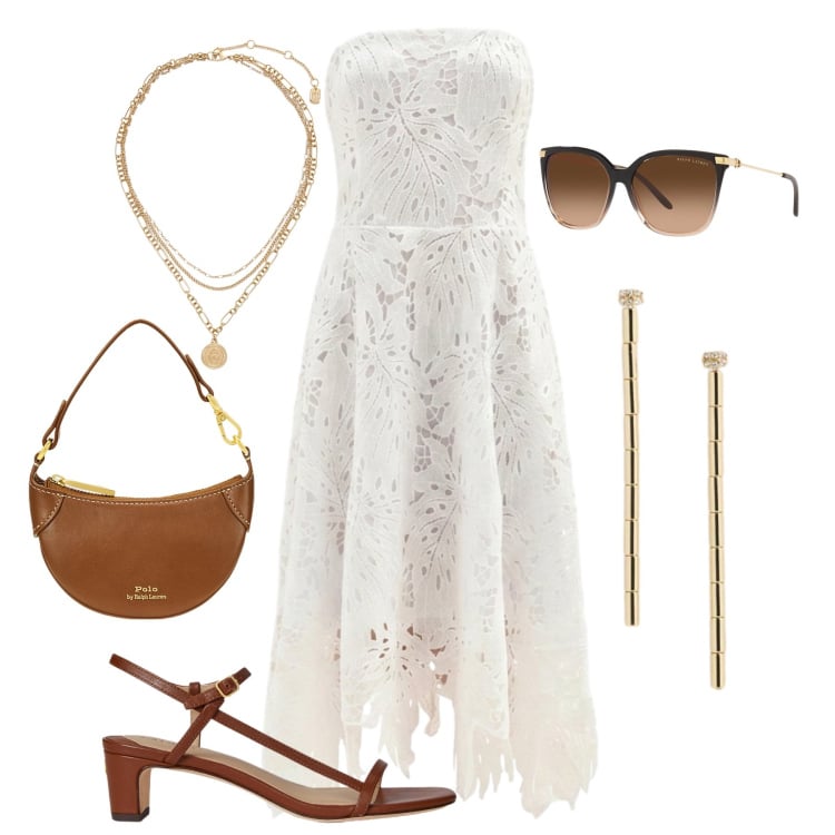 Outfit donna - Cocktail estivo. Stile Chic per Serata fuori. Abbinamento con vestiti asimmetrici, occhiali da sole, ciondoli, borse a tracolla, sandali in pelle, orecchini.