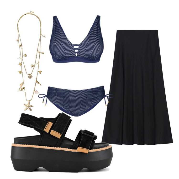 Outfit donna - Maxi platform al mare. Stile Casual chic per Mare. Abbinamento con gonne lunghe, collane, bikini, sandali col tacco.