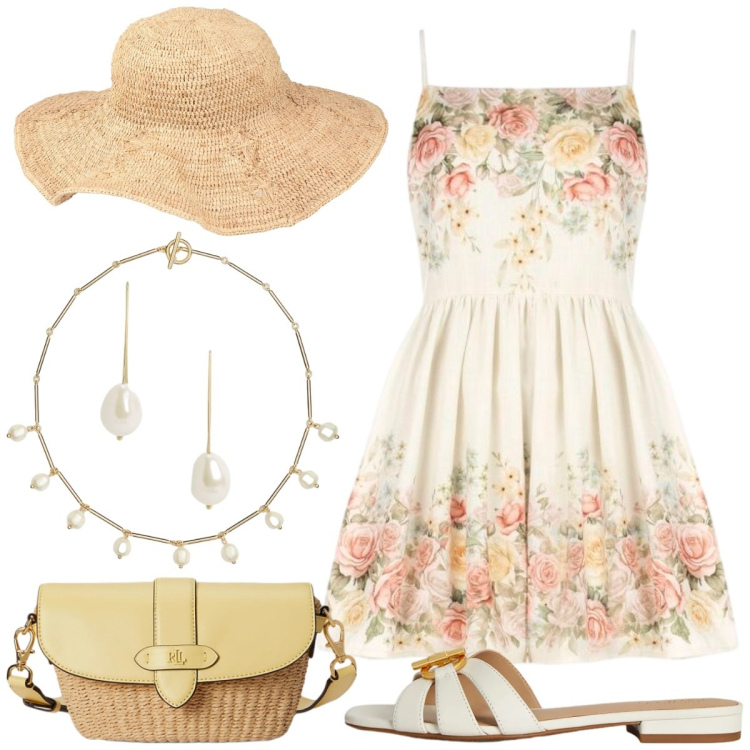 Outfit donna - Romantica. Stile Romantica per Tutti i giorni. Abbinamento con cappelli, vestiti corti, ciabatte, borse a tracolla, orecchini, collane.