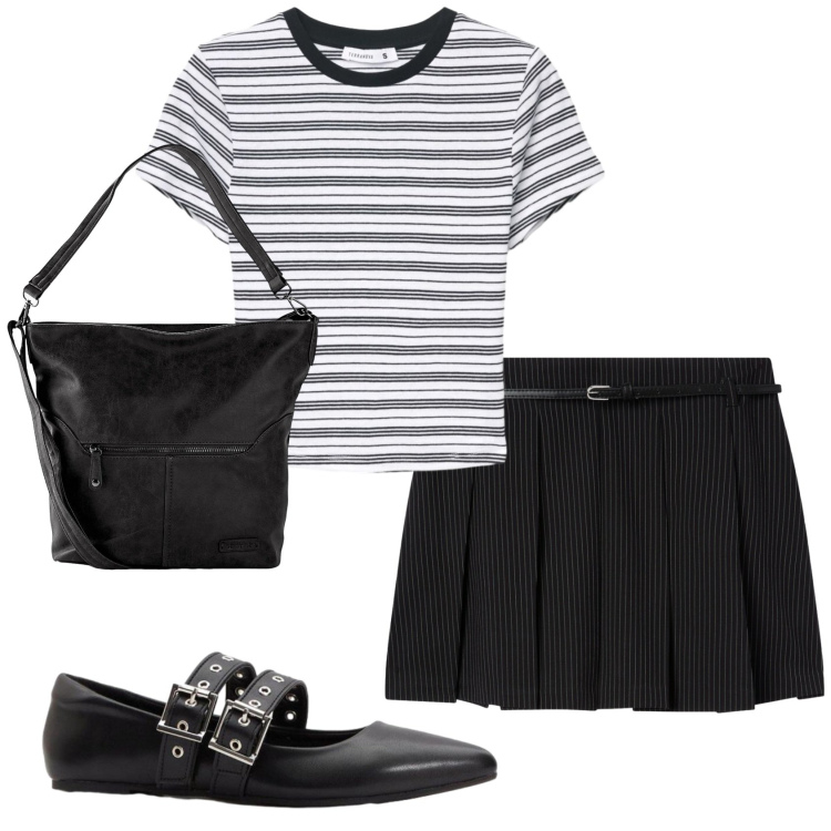 Outfit donna - Total look #2416654. Stile Bon Ton per Tutti i giorni. Abbinamento con borse a spalla, ballerine, minigonne, t-shirt.