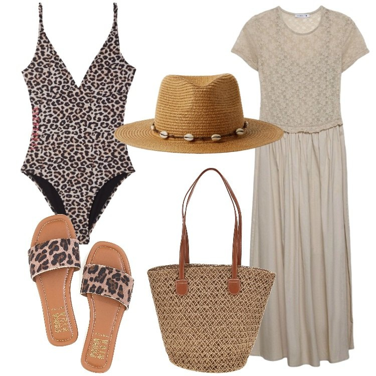 Outfit donna - Terranova - Beach State of Mind. Stile Etnico per Mare. Abbinamento con costumi interi, cappelli, vestiti lunghi, ciabatte, borse a spalla.