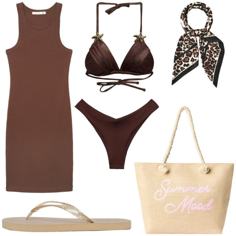 Outfit donna - Bikini stella di mare. Stile Glamour per Mare. Abbinamento con bikini, borse tote, foulard, infradito, bikini, vestiti midi/longuette.