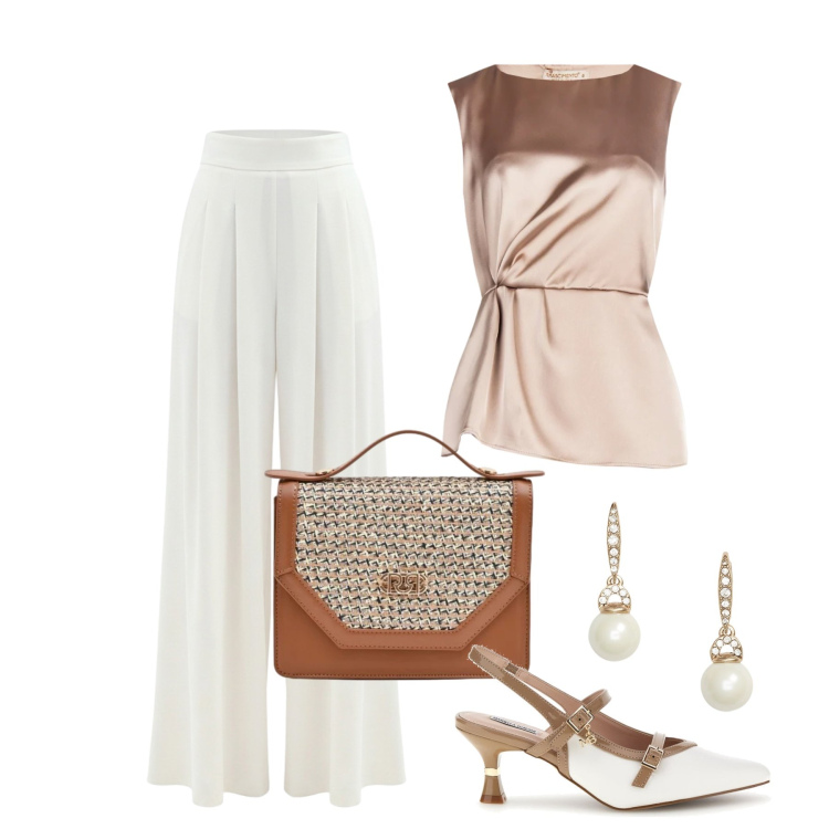 Outfit donna - Giugno. Stile Chic per Tutti i giorni. Abbinamento con bluse, pantaloni a palazzo, pochette, orecchini, décolleté.