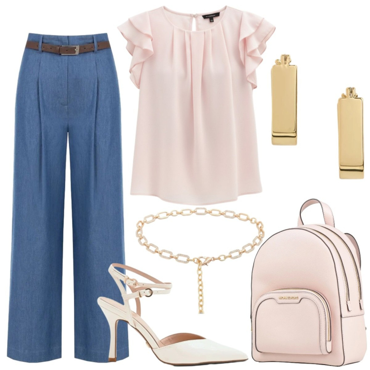 Outfit donna - Eleganza con i jeans. Stile Bon Ton per Tutti i giorni. Abbinamento con zaini, pantaloni a palazzo, canottiere, décolleté, cinture, orecchini.