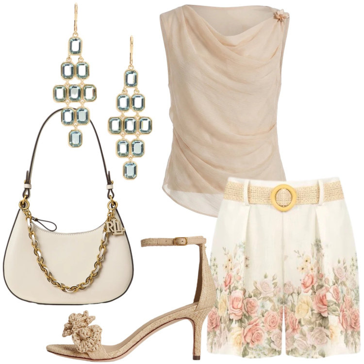Outfit donna - Eleganza da protagonista. Stile Romantica per Serata fuori. Abbinamento con top, shorts, sandali in pelle, borse a spalla, orecchini.