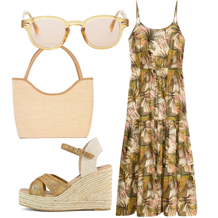 Outfit donna - Total look #2416664. Stile Basic per Tutti i giorni. Abbinamento con shopping bag, vestiti lunghi, occhiali da sole, zeppe.