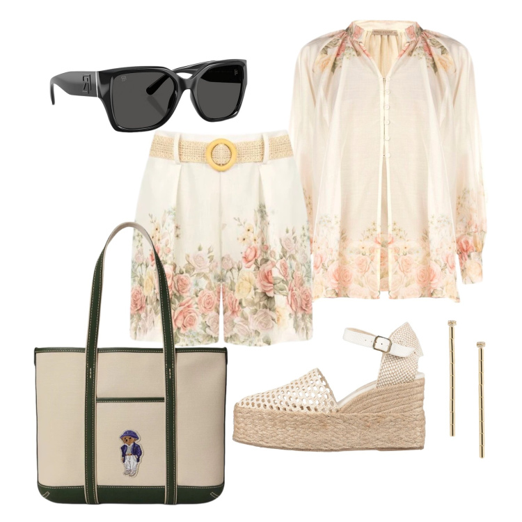 Outfit donna - Giugno. Stile Chic per Tutti i giorni. Abbinamento con espadrillas, bluse, shorts, orecchini, occhiali da sole, borse tote.