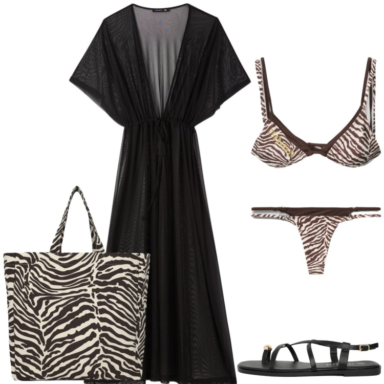 Outfit donna - Animalier. Stile Etnico per Mare. Abbinamento con sandali, caftani, shopping bag, bikini, bikini.