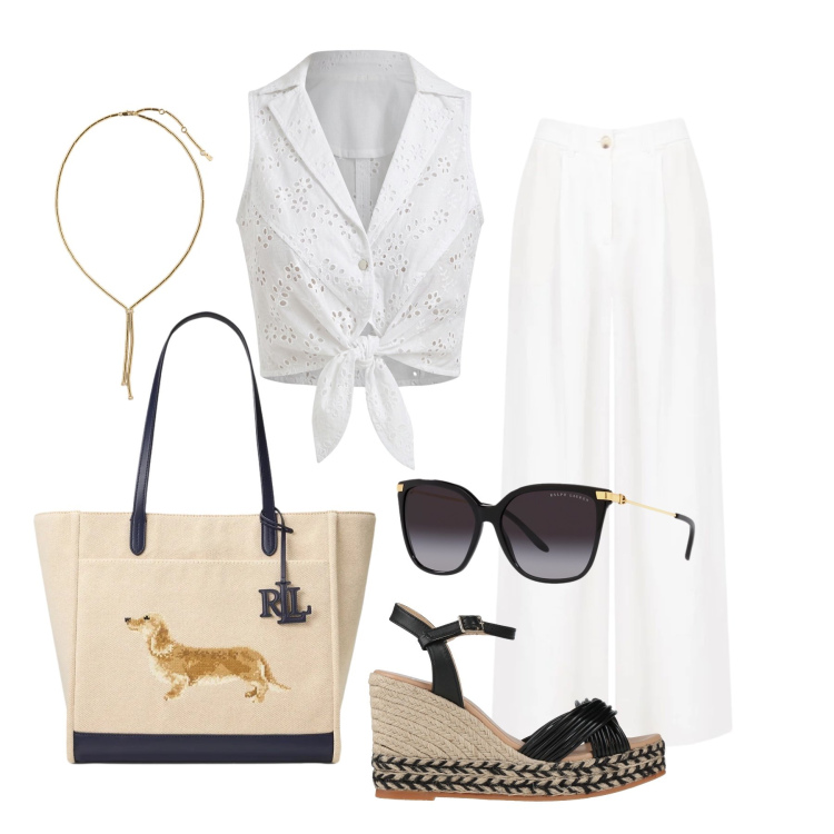 Outfit donna - Giugno. Stile Chic per Tutti i giorni. Abbinamento con espadrillas, top, pantaloni a palazzo, occhiali da sole, borse tote, collane.