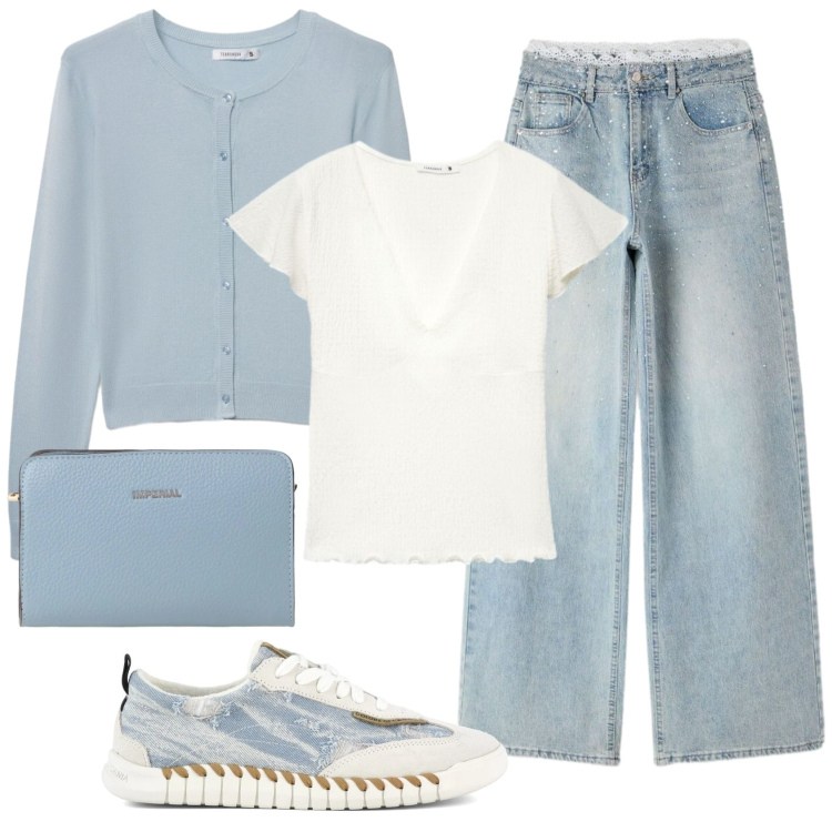 Outfit donna - Total look #2416670. Stile Bon Ton per Tutti i giorni. Abbinamento con cardigans, jeans, t-shirt, borse a tracolla, sneakers.