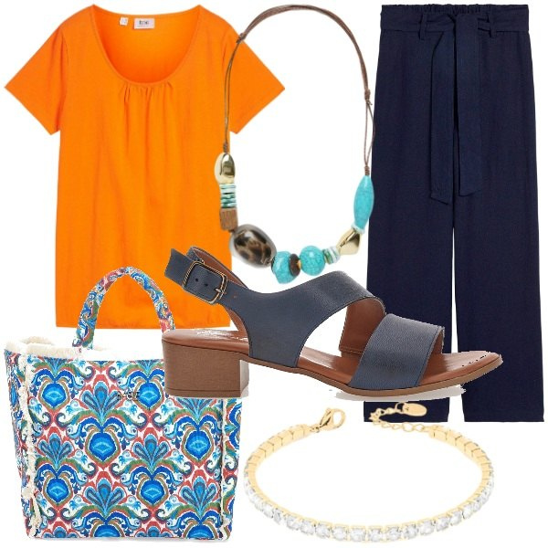 Outfit donna - Less Straps. Stile Glamour per Tutti i giorni. Abbinamento con t-shirt, pantaloni culotte, collane, braccialetti, sandali in pelle, shopping bag.