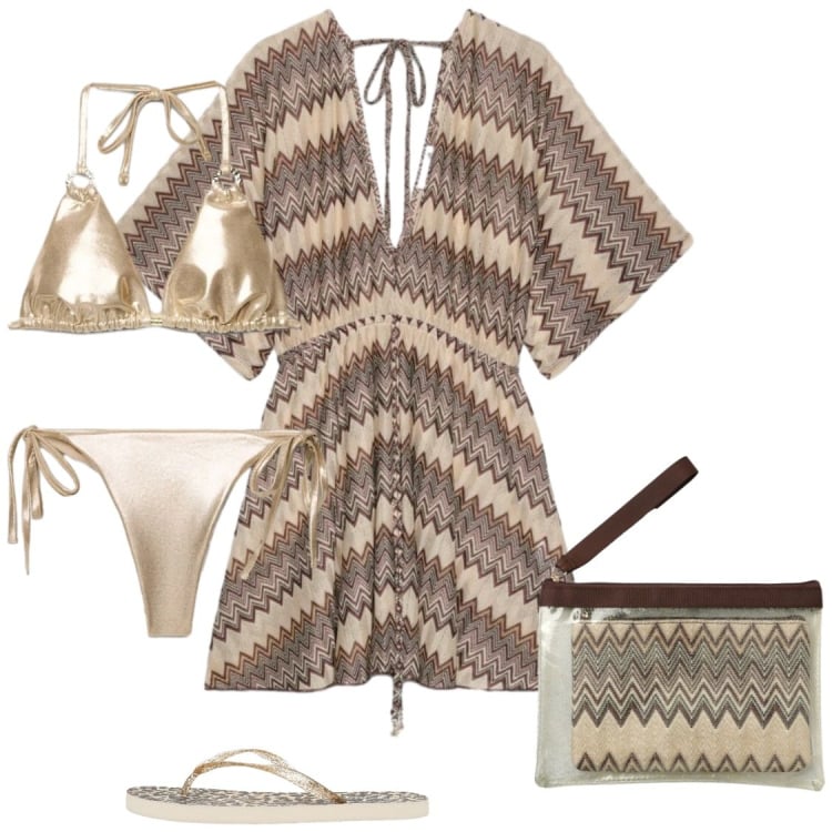 Outfit donna - Bikini oro. Stile Glamour per Mare. Abbinamento con pochette, caftani, infradito, bikini, bikini.