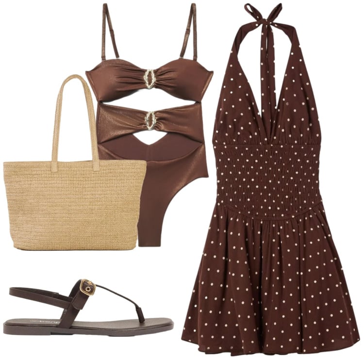 Outfit donna - Total look #2416673. Stile Basic per Mare. Abbinamento con shopping bag, sandali, costumi interi, vestiti corti.