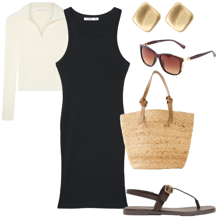 Outfit donna - Mare. Stile Casual chic per Mare. Abbinamento con shopping bag, occhiali da sole, sandali, vestiti midi/longuette, maglieria, orecchini.