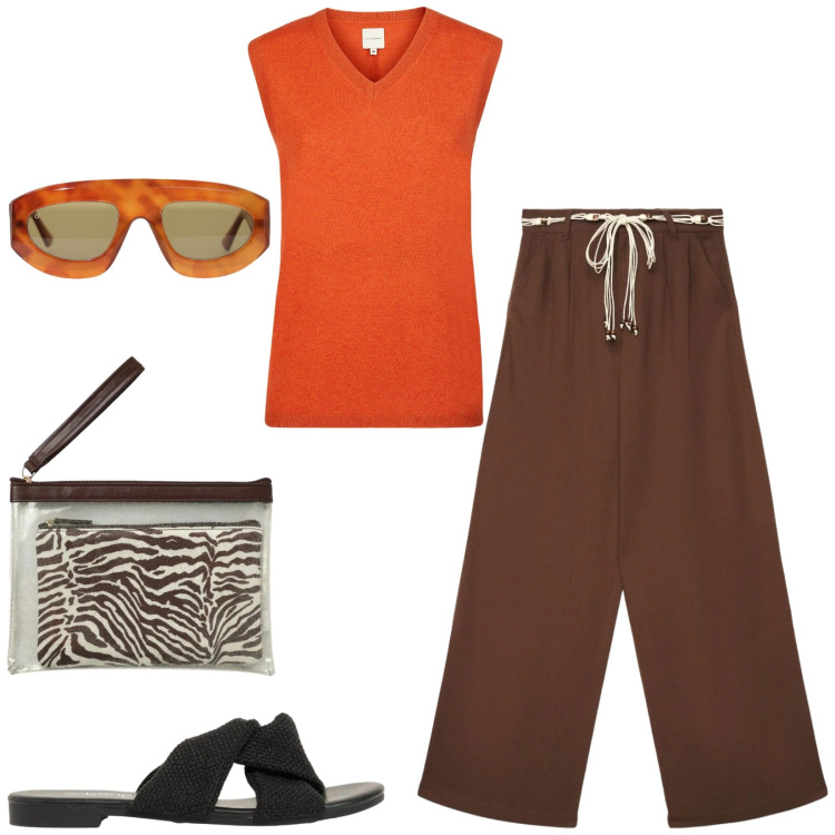 Outfit donna - Total look #2416683. Stile Casual chic per Tutti i giorni. Abbinamento con sandali, pantaloni, pochette, occhiali da sole, maglieria.