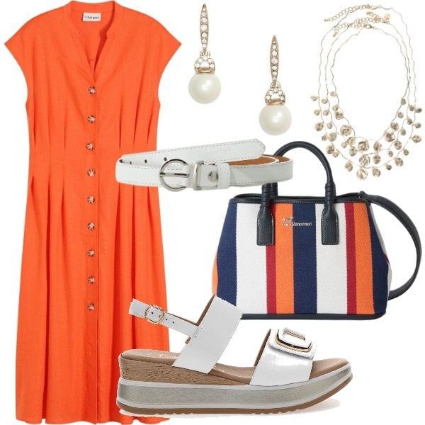 Outfit donna - Less Straps, More Style. Stile Casual chic per Tutti i giorni. Abbinamento con vestiti midi/longuette, cinture, shopping bag, collane, orecchini, sandali.