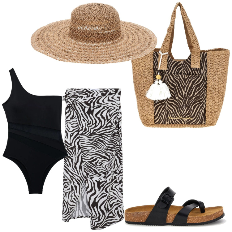 Outfit donna - Terranova plage. Stile Sexy per Mare. Abbinamento con vestiti da spiaggia, costumi interi, cappelli, borse a spalla, ciabatte.