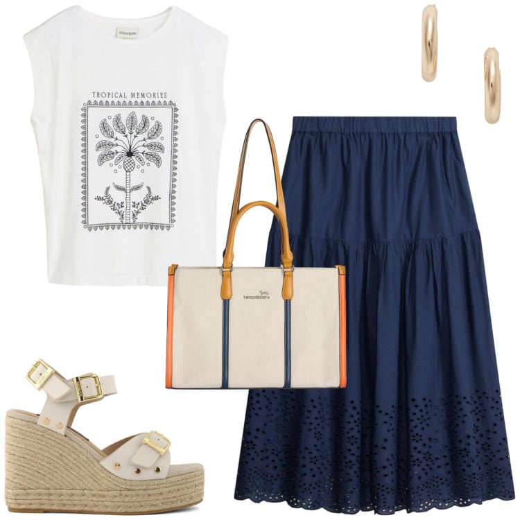 Outfit donna - City. Stile Basic per Tutti i giorni. Abbinamento con gonne longuette, canottiere, borse tote, orecchini, zeppe.