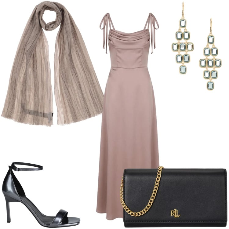 Outfit donna - Elengante per un evento. Stile Chic per Serata fuori. Abbinamento con sciarpe, sandali in pelle, vestiti lunghi, borse a tracolla, orecchini.