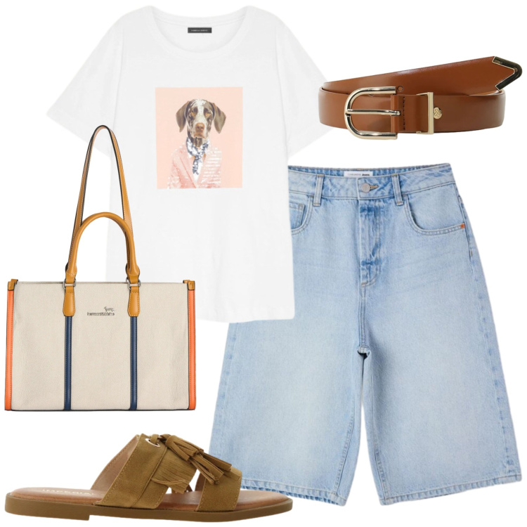 Outfit donna - Giugno. Stile Casual per Tutti i giorni. Abbinamento con bermuda, borse tote, cinture, sandali, t-shirt.